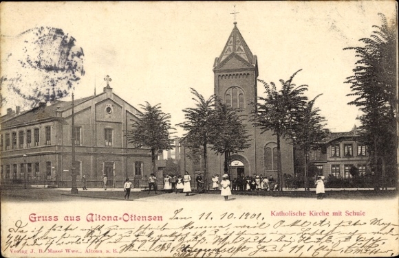 Postcard Hamburg Altona Ottensen, Catholic church with school