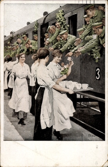 Artist Postcard Wennerberg, B., refreshment station, soldiers getting drinks, train, women