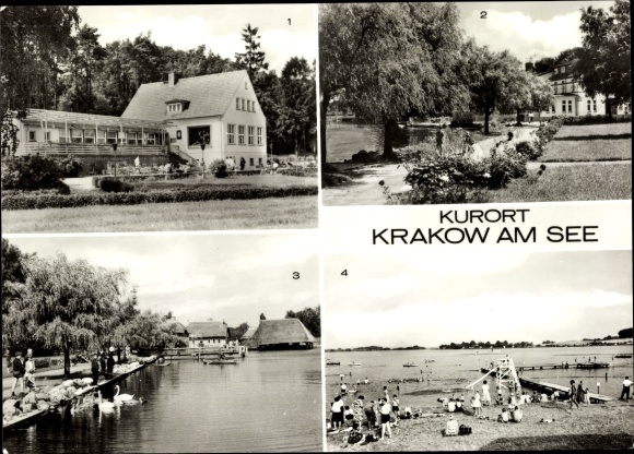 Postcard Krakow am See in Mecklenburg Western Pomerania, HO-Gaststätte Jörnberg and Seehotel, lake promenade
