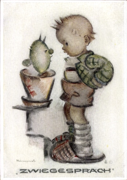 Artist Postcard Hummel, Dialogue, little boy with cactus, No. 5555