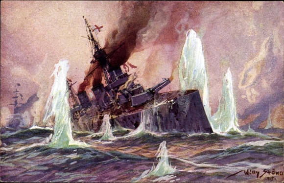 Artist PC Stöwer, Willy, Naval Battle North Sea 1915, English battle cruiser, German cruiser