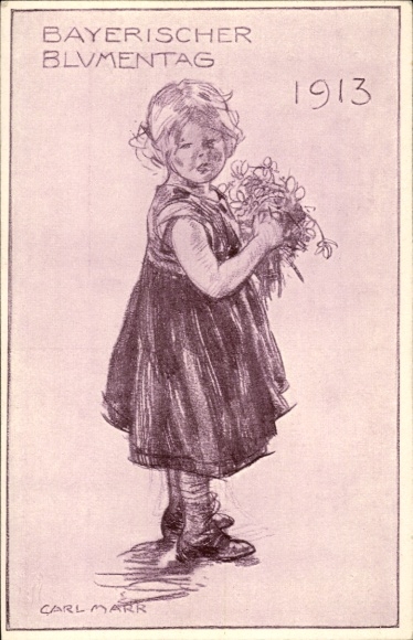 Postcard Munich, Bavarian Flower Day 1913, Carl Marr, Girl with Bouquet