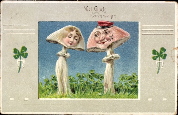 Ak Gelukkig nieuwjaar, gehumaniseerde paddenstoelen, geluksklaver