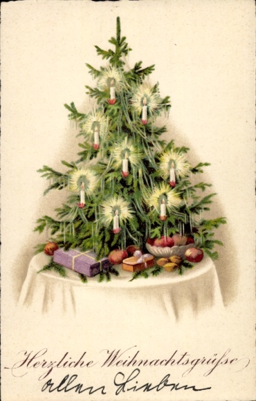 Postcard Congratulations Christmas, Christmas tree, gifts