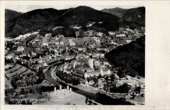 Postcard Wolfach in the Black Forest, Wolfach with memorial, aircraft photo