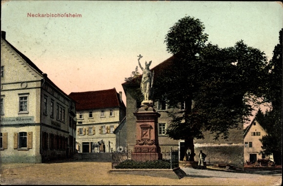 Postcard Neckarbischofsheim in Baden, monument, square