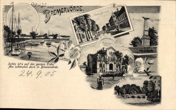 Chromo-Litho Bremervörde in Lower Saxony, harbor, Neue Straße, agricultural school, war memorial, Ostebrücke