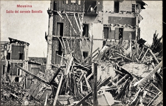 Ak Messina Sicilië, verwoeste huizen na de aardbeving van 1908