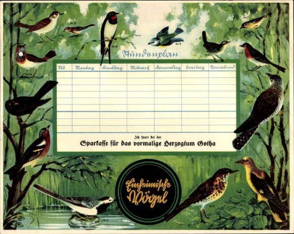 Timetable Sparkasse Herzogtum Gotha, German songbirds, blackbird thrush finch around 1930