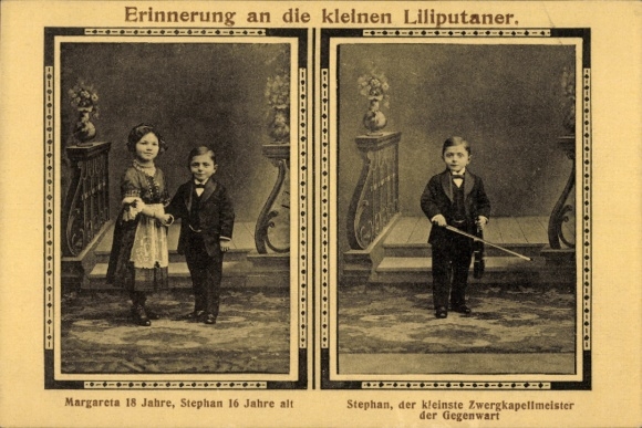 Passepartout Postcard Liliputians, Margareta and Stephan, Dwarf Bandmaster