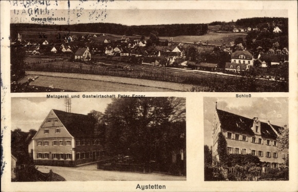 Postcard Aystetten Ajstetten district Augsburg, general view, butcher shop, restaurant, castle