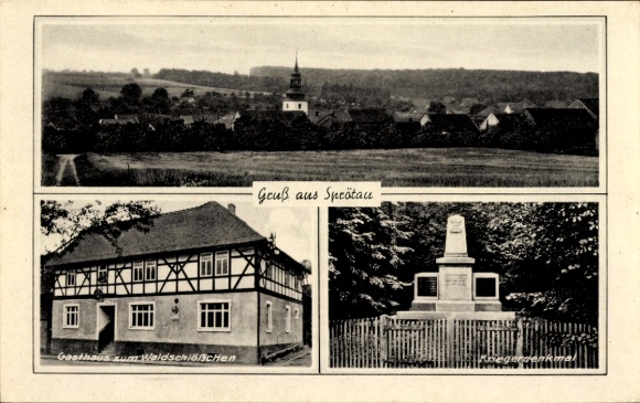 Postcard Sprötau in Thuringia, numerous houses, church, Waldschlößchen guesthouse, monument