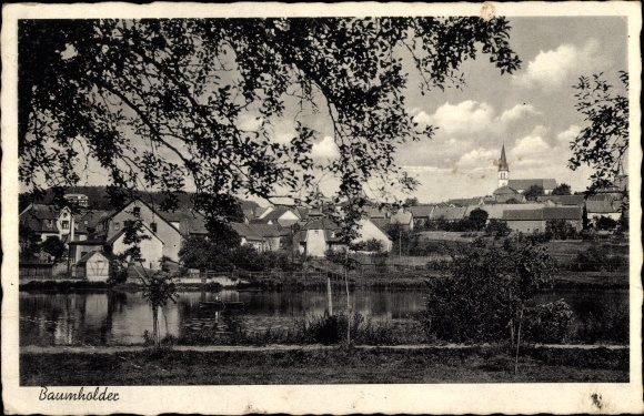 Ak Baumholder in de wijk Birkenfeld, deels aan het meer met uitzicht op de stad