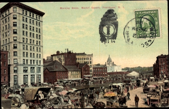 Postkaart Providence, Rhode Island, VS, marktplaats, marktkramen, gebouw, poststempel, Providence, Rhode