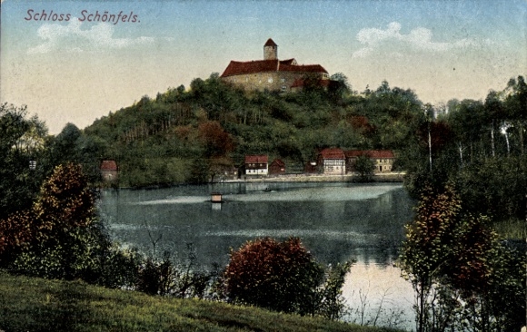 Postcard Schönfels Lichtentanne in Saxony, castle, water area