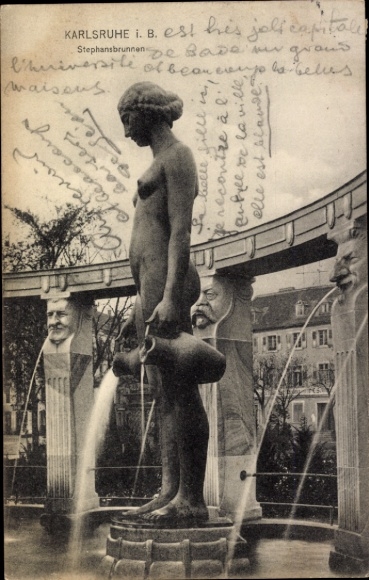 Ak Karlsruhe in Baden, Statue einer nackten Frau, Brunnen, Karlsruher Stadtansicht, französischer