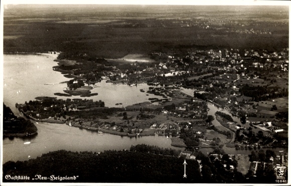 Postcard Berlin Köpenick Rahnsdorf, aerial photograph of Neu-Helgoland, waters, shore landscapes, vegetation