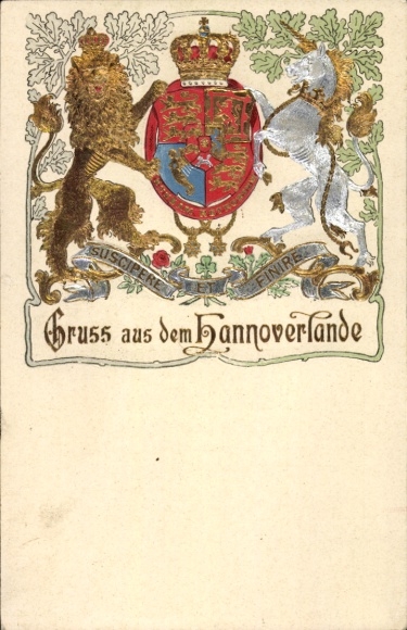Präge Wappen Litho Hannover, Einhorn, Löwe, Krone