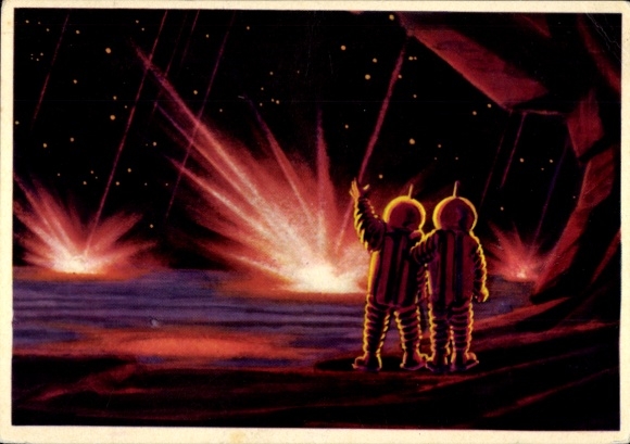 Artist Postcard Sokolow, A., Soviet space travel, cosmonauts on the moon, meteorite impact