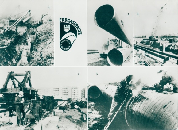 Postcard FDJ, Central Youth Object Natural Gas Route USSR, pipeline construction, compressor, housing construction Pervomaiskij