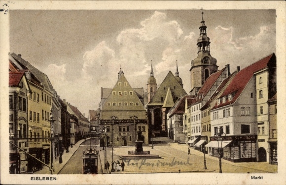Postcard Lutherstadt Eisleben, market scene, buildings, city view, colored