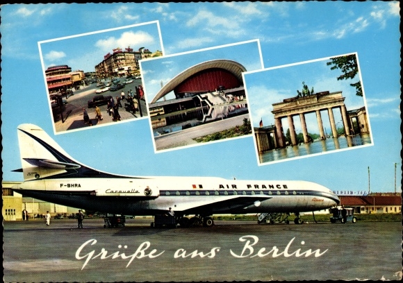 Postcard Berlin Reinickendorf Tegel, Airport, Brandenburg Gate, Air France, Caravelle, F-BHRA, TXL