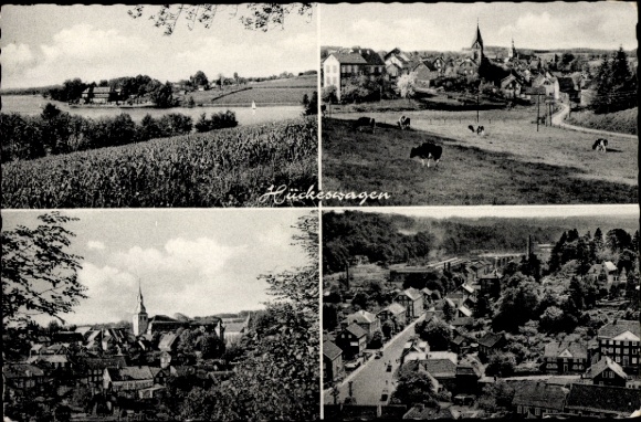 Postcard Hückeswagen on the Wupper, panorama of the town, cow pasture, bank area, view over the roofs