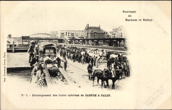Postcard Paris, Circus Barnum &amp; Bailey, Discharge of special trains, Bahnhof, Gleisseite