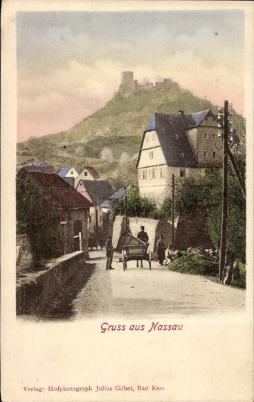 PC Nassau an der Lahn, vehicle, people, houses, castle in the background, colored illustration