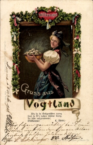 Embossed Passepartout Postcard Traditional Costume from the Vogtland, Willkumme, Woman with Dumplings