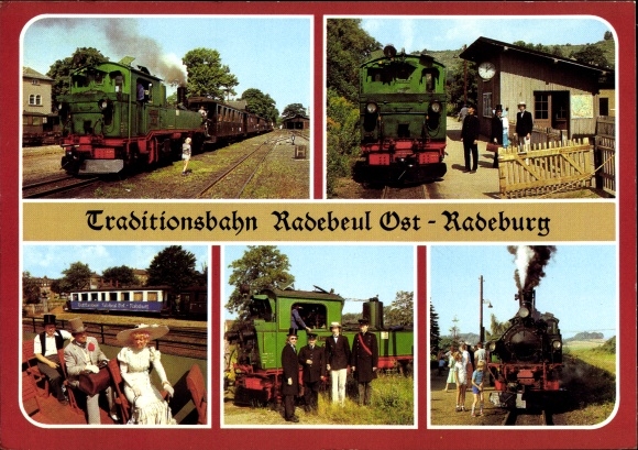 Postcard Deutsche Eisenbahn, traditional railway Radebeul Ost-Radeburg, train crew in historical uniforms