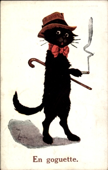 Artist Postcard Carter, R., Black cat smoking, walking stick, hat