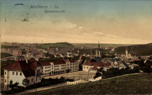 Picture Waldheim in Saxony, general view of Waldheim, houses and landscape in the foreground