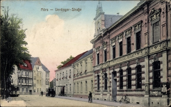 Postcard Moers am Niederrhein, post office, Uerdinger-Strasse