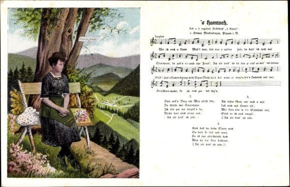 Song Postcard Mückenberger H., &#39;S Hamweh, woman in costume sitting on a bench, costume Vogtland