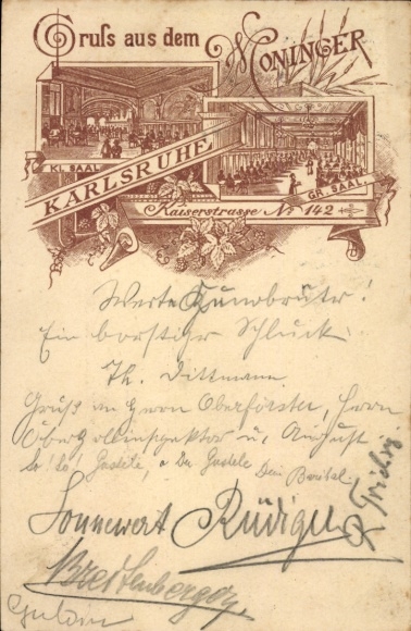 Papeteria pocztowa lito Karlsruhe, Pozdrowienia od Moninger, Kaiserstraße 142, Mała Hala, Duża Hala