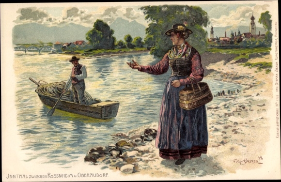 Kunstenaar litho Bergen, Fritz, Rosenheim Opper-Beieren, Innthal, boot, vrouw in klederdracht