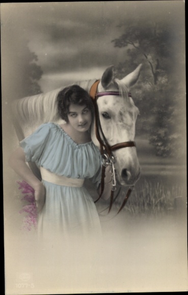 Postcard Woman and white horse, portrait