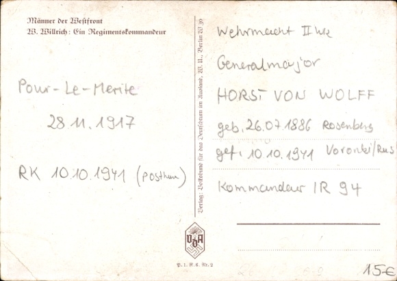 Artist Postcard Willrich, Wolfgang, Horst von Wolff, Regimental Commander, Wehrmacht, VDA P 1 R 5 No. 2