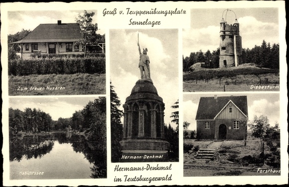 Ak Paderborn in Westfalen, Sennelager, Diebesturm, Hermannsdenkmal, Forsthaus, Zum treuen Husaren