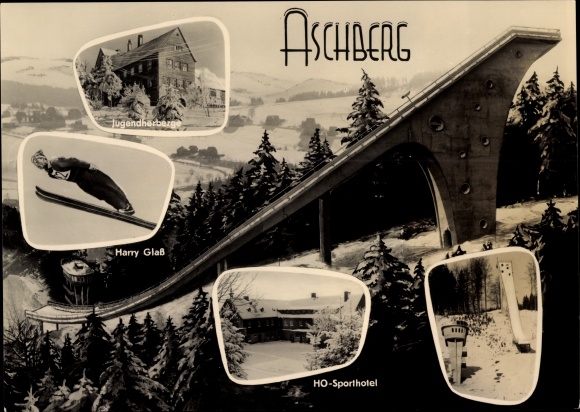 Postcard Aschberg Klingenthal in Vogtland Saxony, Great Aschberg Schanze, Harry Glass, HO Sporthotel
