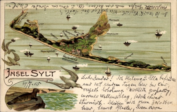 Kaarten litho Eiland Sylt in Noord-Friesland, algemeen beeld, Westerland, Keitum, Rantum, zeehond, meeuw