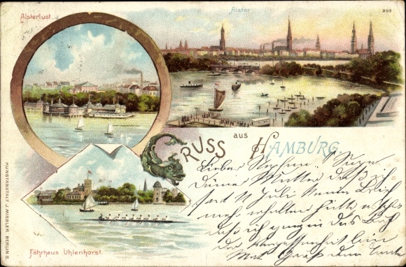 litho Hamburg Mitte Altstadt, Alsterlust, Fährhaus Uhlenhorst, Alster, Panorama