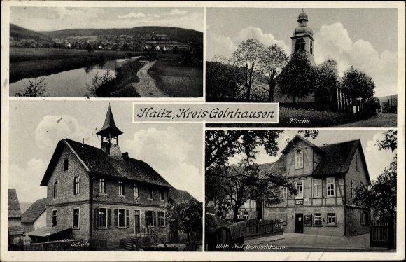 Postcard Haitz Gelnhausen in the Main Kinzig district of Hesse, church, school, mixed goods Wilh. noll