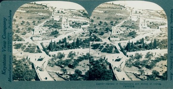 Stereo photo Jerusalem Israel, Garden of Gethsemane and Mount of Olives, Palestine