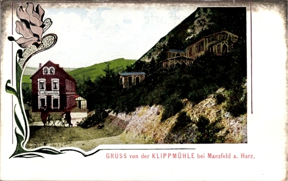 Ak Mansfeld im Harzvorland, Farbe, Klippmühle, Gebäude, Radfahrer, Landschaft, Blumenornament