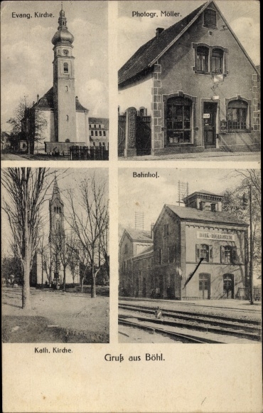 Briefkaart Böhl Iggelheim in Rijnland-Palts, Evang. en Katholiek kerk, fotogr. Möller, treinstation