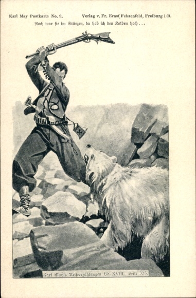 Artist Chromo-Litho Karl May, travel stories, man fighting a polar bear