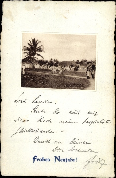 Photo Postcard Tabora Tanzania German East Africa, village motif, congratulations New Year