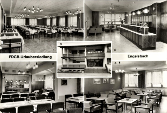 Ak Engelsbach Leinatal Thüringen, FDGB Urlaubersiedlung, Speisesaal, Empfangshalle, Klubraum